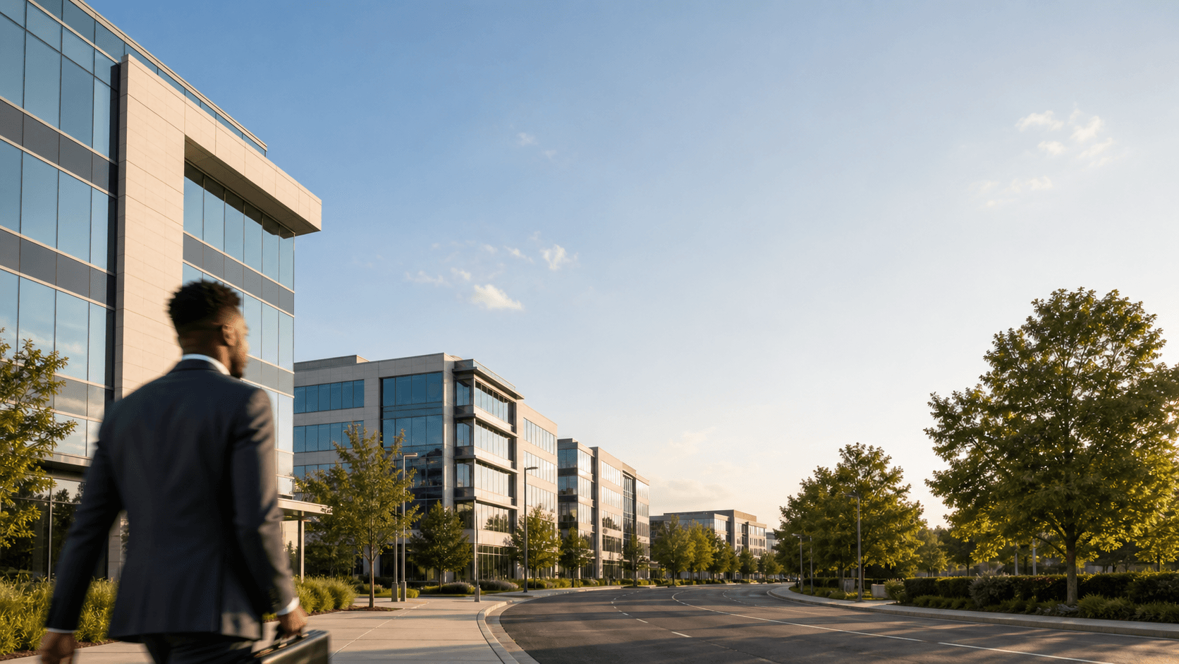 Business professional walking through a modern business district